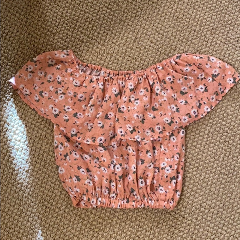 LF Pink Floral off the shoulder crop top